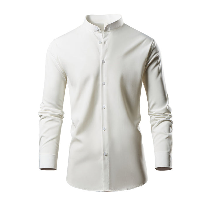 Herren elegantes Langarmhemd mit stehendem Kragen und modernen Knopfdetails Drune
