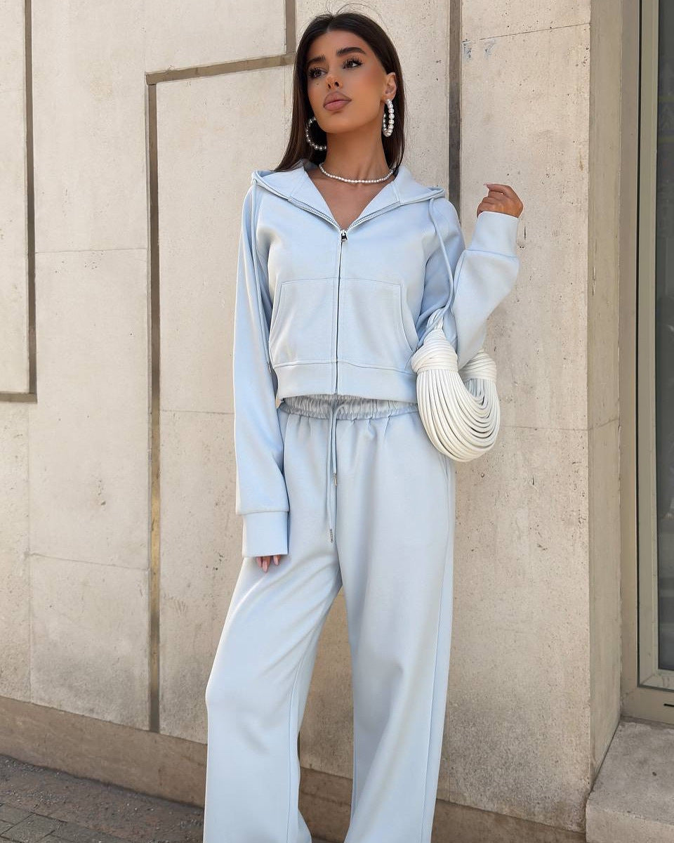 Damen trendiger Lounge-Anzug mit komfortablem Cropped Hoodie und weit geschnittenen Hosen Drune