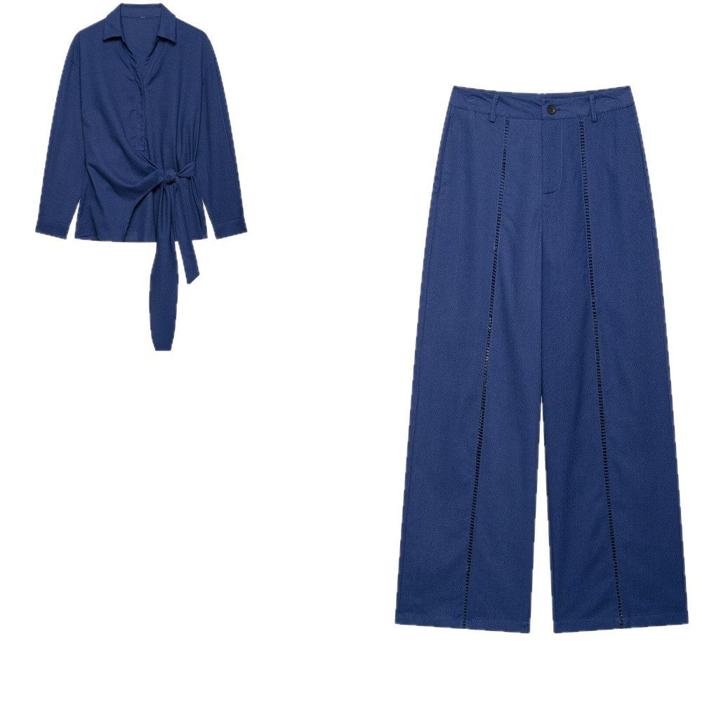 Damen Zweiteiliges Ensemble aus Wickelbluse mit Taillenschleife und weit geschnittener Leinenhose mit Zierstreifen Drune
