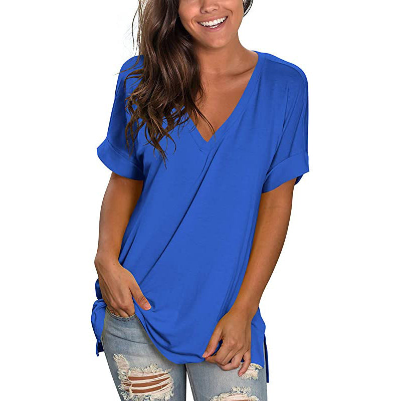 Damen V-Ausschnitt T-Shirt mit lässigem Schnitt und umgeschlagenen Ärmeln Drune