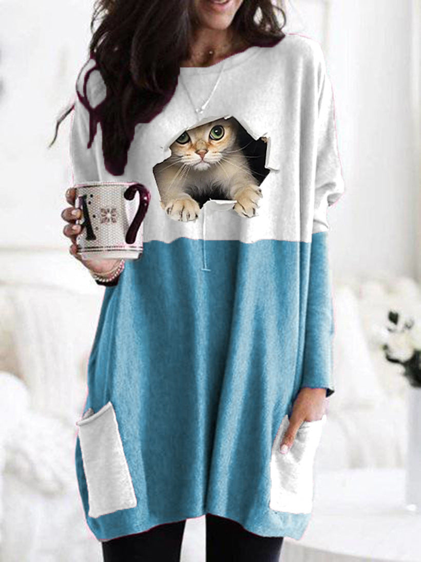 Frauen Längerer Colorblock Strickpullover mit Katzenmotiv und aufgesetzten Taschen Drune