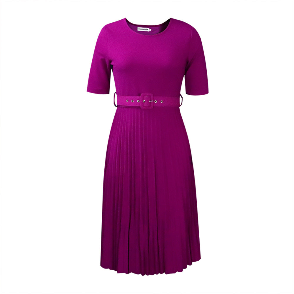 Damen Plissiertes Kleid mit Taillengürtel und kurzen Ärmeln Drune