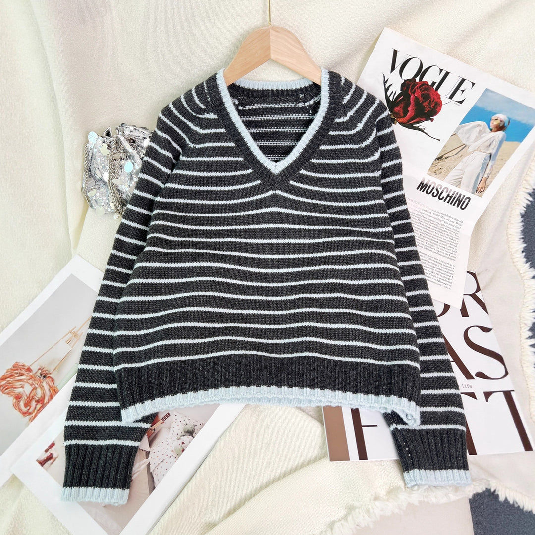 Damen gestreifter V-Ausschnitt Pullover im lässigen Stil Drune