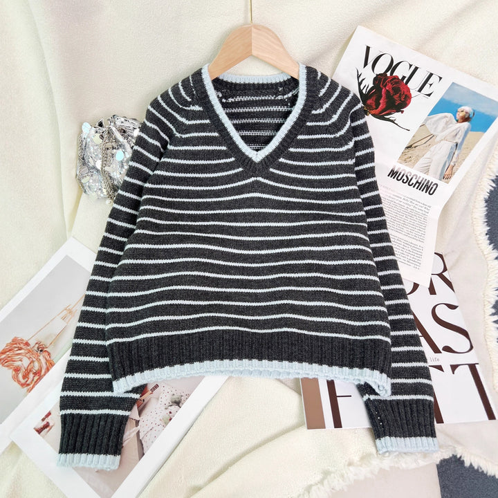 Damen gestreifter V-Ausschnitt Pullover im lässigen Stil Drune