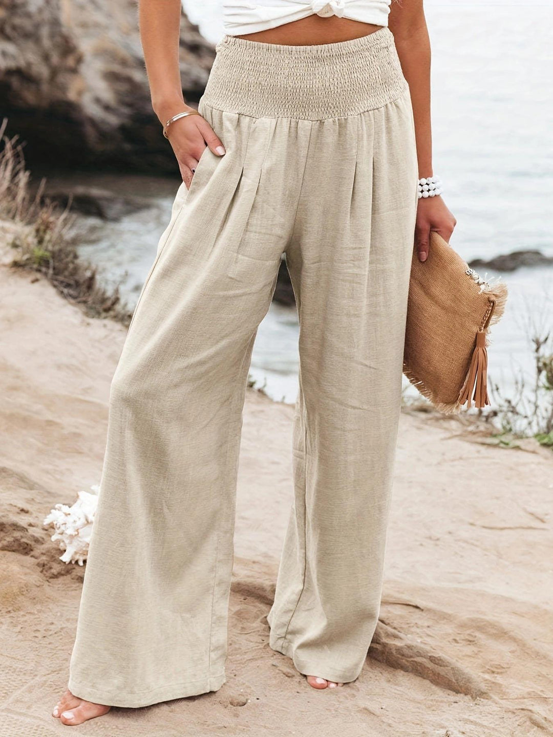 Damen Weite Leinenhose mit elastischem Bund und praktischen Taschen Drune