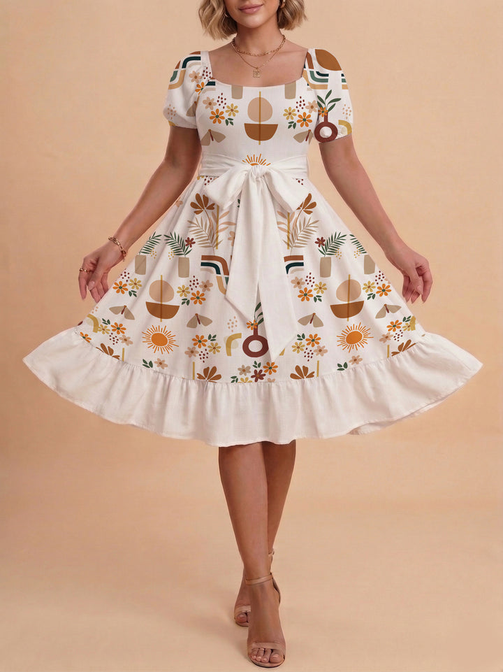 Damen Sommerkleid mit floralem Puffärmel und taillierbarem Gürtel Drune
