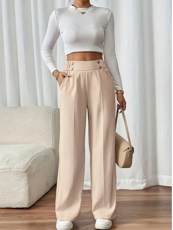 Damen Klassische weite Hose mit Knopfleiste und Taschen Drune
