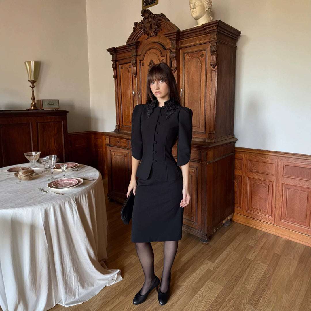 Damen Taillierter Blazer mit besticktem Schalkragen und Puffärmeln Drune
