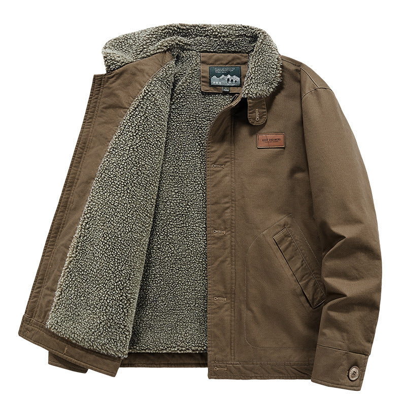 Herren kernige Canvas‑Workerjacke mit voluminösem Sherpa‑Innenfutter und hochschließendem Kragen Drune