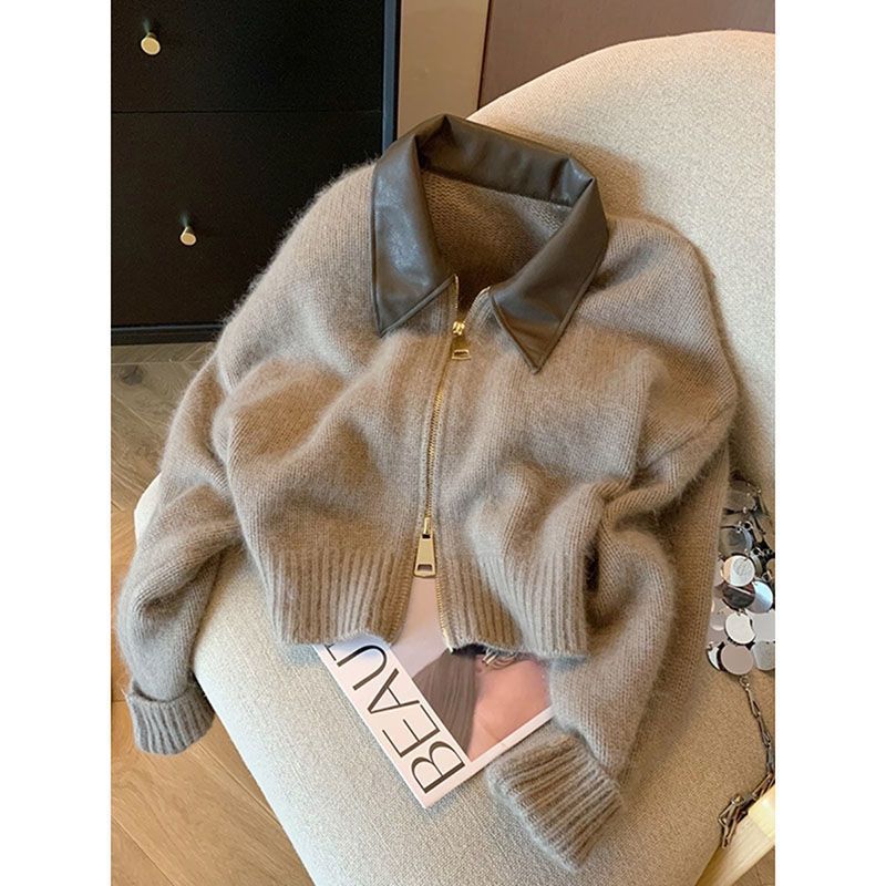 Damen Strickjacke mit Lederkragen Drune
