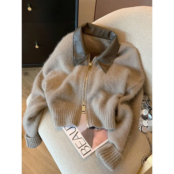 Damen Strickjacke mit Lederkragen Drune