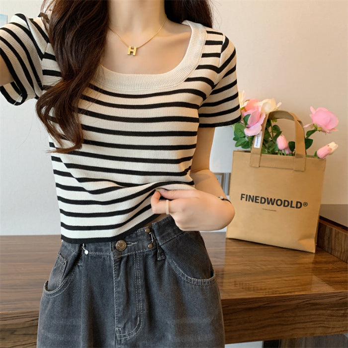 Damen cropped Streifenoberteil mit modernem Knoten-Design und elastischem Saum Drune