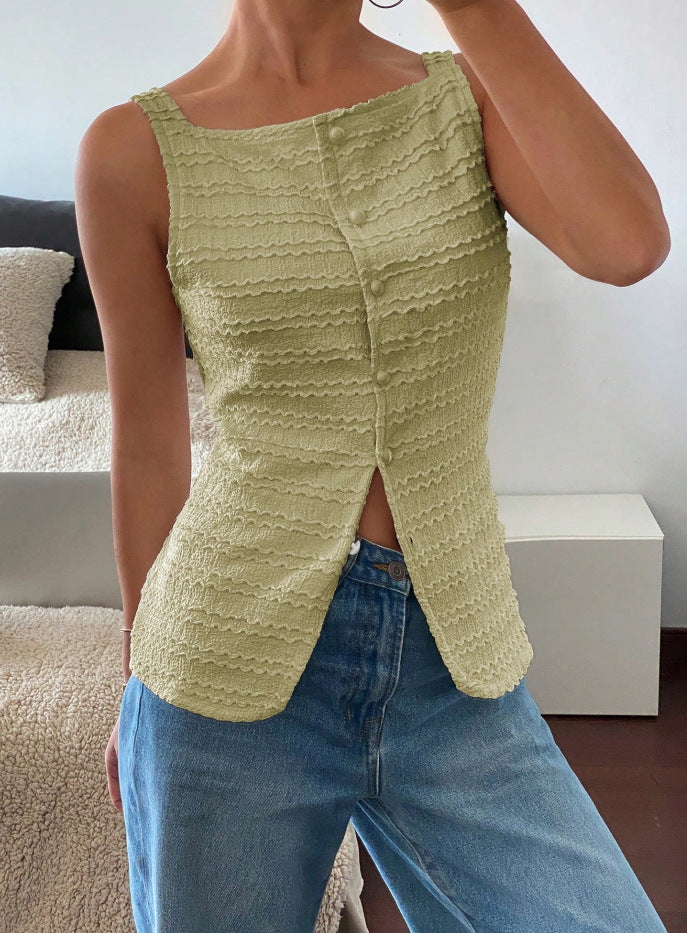 Damen Ärmelloses Struktur-Top mit Zierknopfleiste und Vorder‑Schlitz Drune