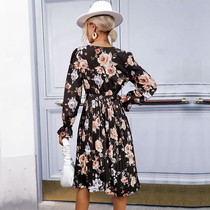 Damen Blumen-Midikleid mit V-Ausschnitt, plissiertem Rock und Taillengürtel Drune