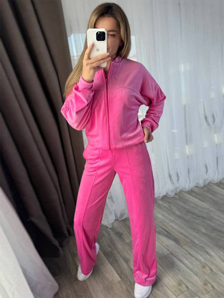 Damen Velours-Trainingsanzug mit Stehkragen und weitem Loungebund-Hosenbein Drune