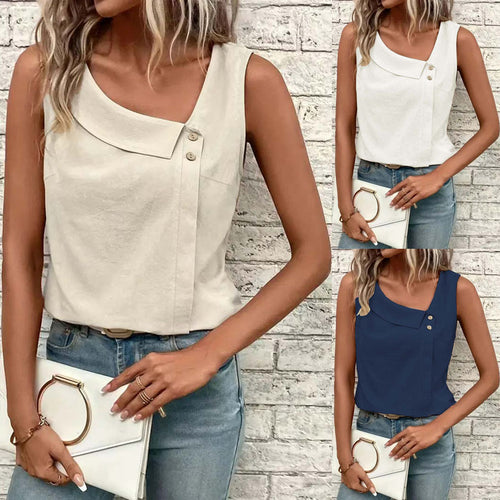 Damen modisches Top mit asymmetrischem Ausschnitt und Knopfdetails Drune