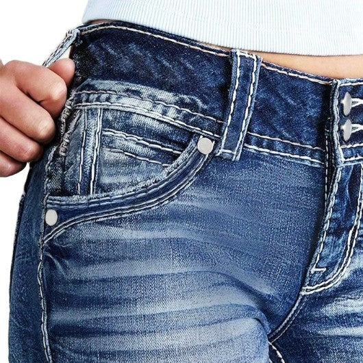 Damen Hochbund-Bootcut-Jeans mit formendem Bund und sichtbarer Knopfleiste Drune