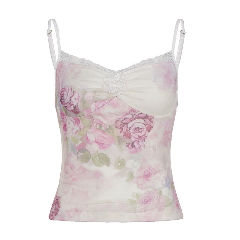 Damen Spitzen-Trägertop mit floralem Druck und zarten Details Drune