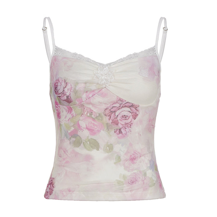 Damen Spitzen-Trägertop mit floralem Druck und zarten Details Drune