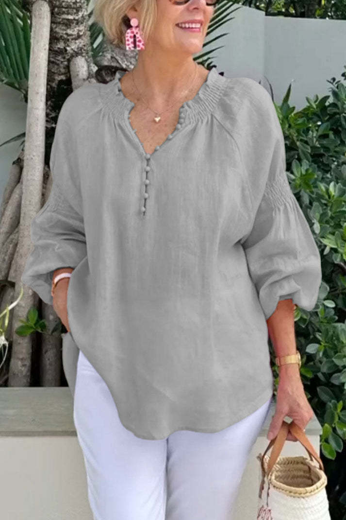 Damen lässige Kleidungsbluse mit Ballonärmeln und Knopfleiste Drune