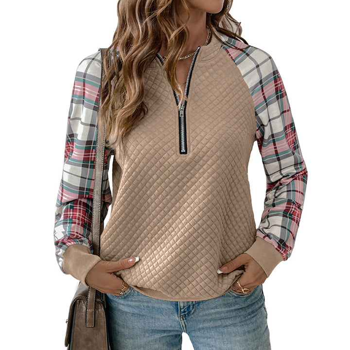 Damen Gesteppter Raglan-Sweatpullover mit halbem Reißverschluss und Karoärmeln Drune