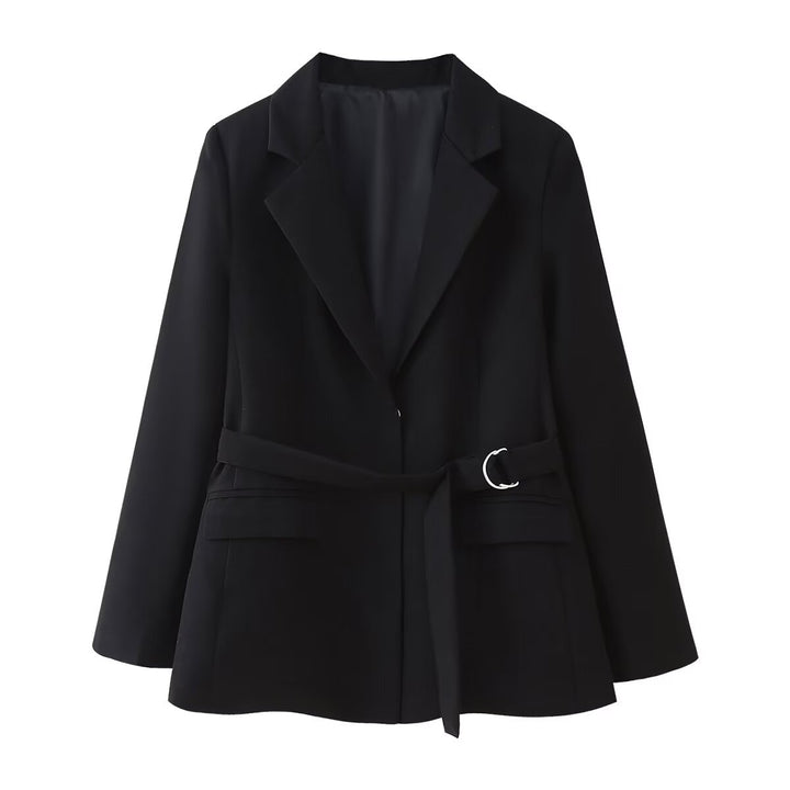 Damen nan taillierter Blazer mit Bindegürtel, Pattentaschen und klassischem Revers Drune