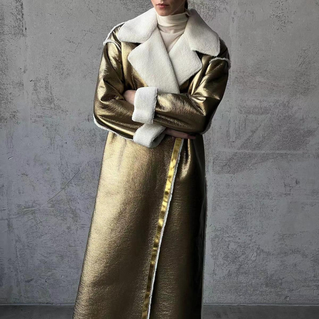 Damen Longline-Mantel aus Metallic‑Material mit Teddyfutter und überschnittener Schulter Drune