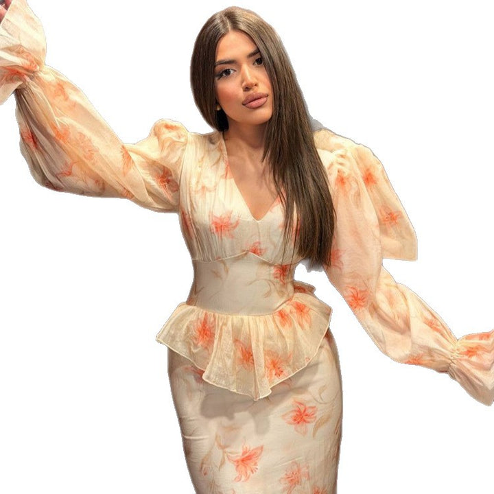 Damen Midaxi-Kleid mit Schößchen, V-Ausschnitt und voluminösen Puffärmeln Drune