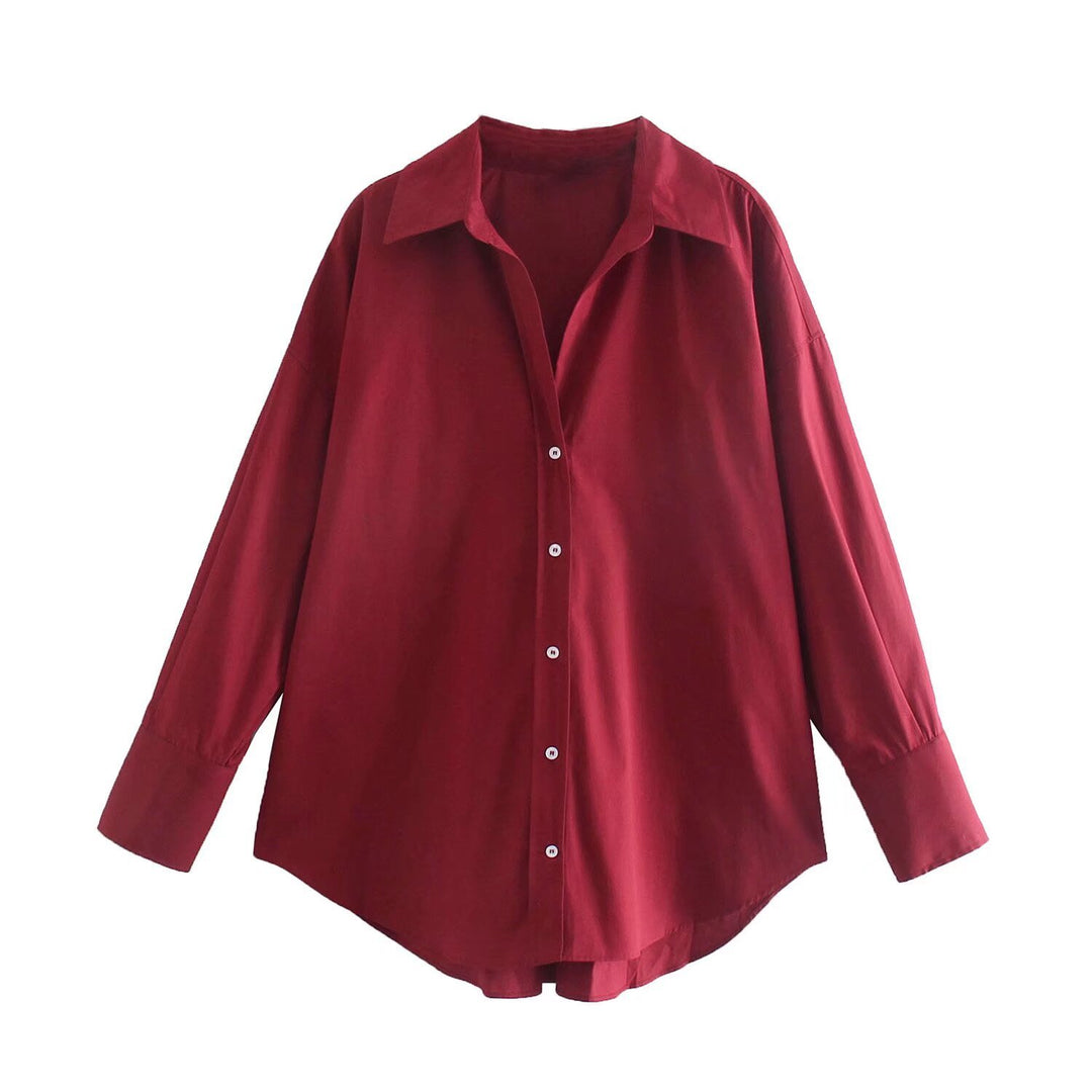 Damen nan oversized Longbluse mit Kentkragen, durchgehender Knopfleiste und abgerundetem Saum Drune