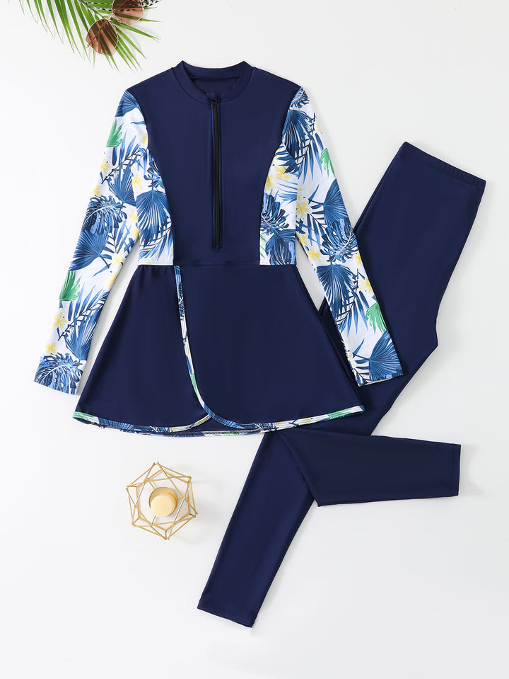 Damen Modisches Schwimmanzug-Set mit floralem Design und langem Arm Drune