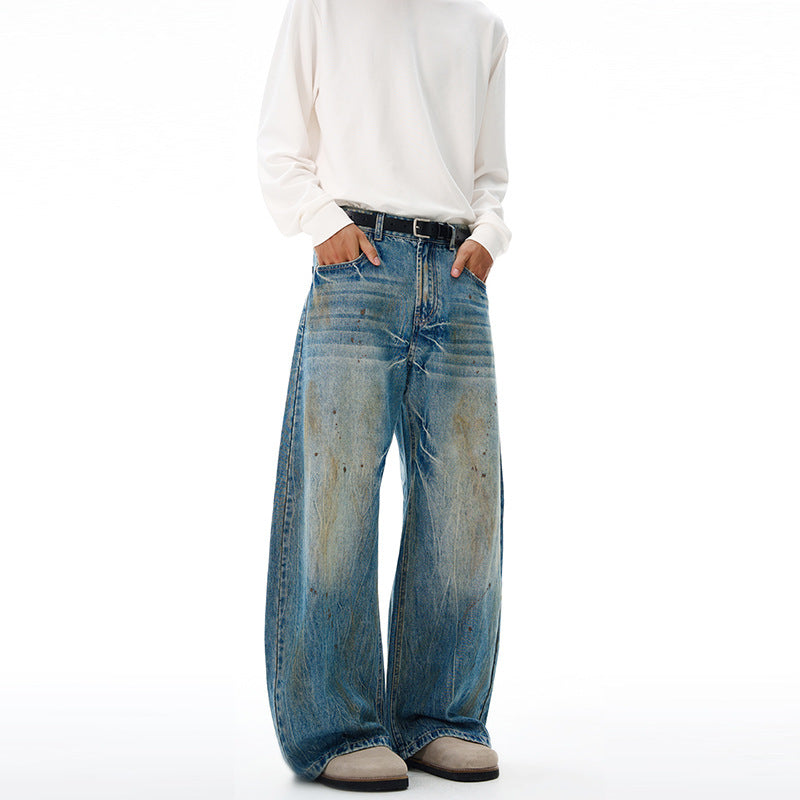 Herren Ultraweite Denim-Baggyhose im Vintage-Look mit Farbpatina und tiefem Schritt Drune