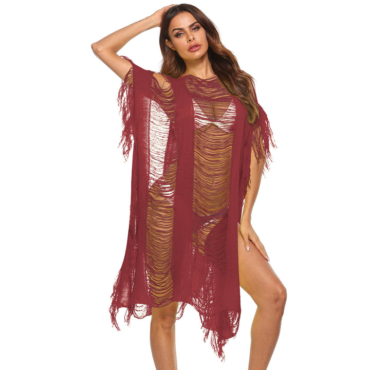 Damen eleganter fransiger Strandüberwurf mit transparenten Akzenten Drune