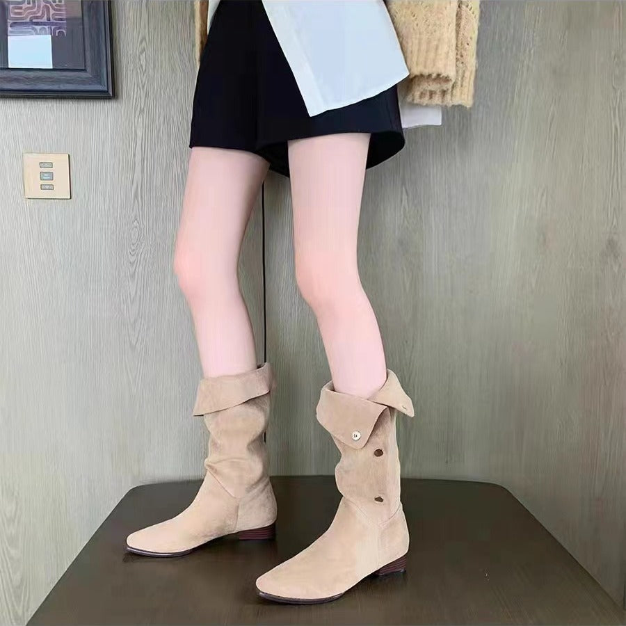 Damen Wadenhohe Velourslederstiefel mit umklappbarer Manschette und spitzer Kappe Drune