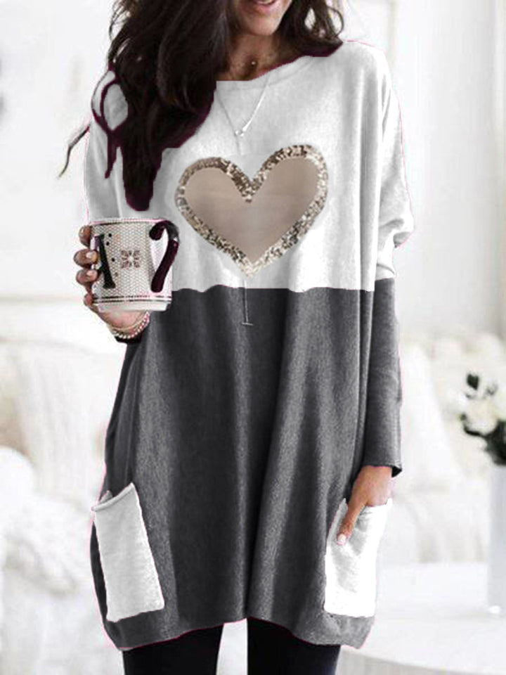 Damen Oversized Lange Pullover Tunika mit Pailletten-Herz und aufgesetzten Taschen Drune