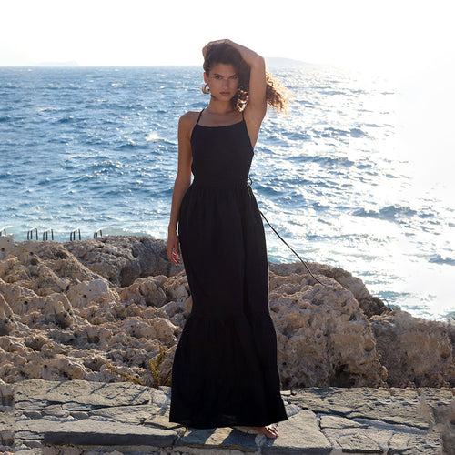 Damen Elegantes Maxikleid aus Leinen mit Querriemen Drune