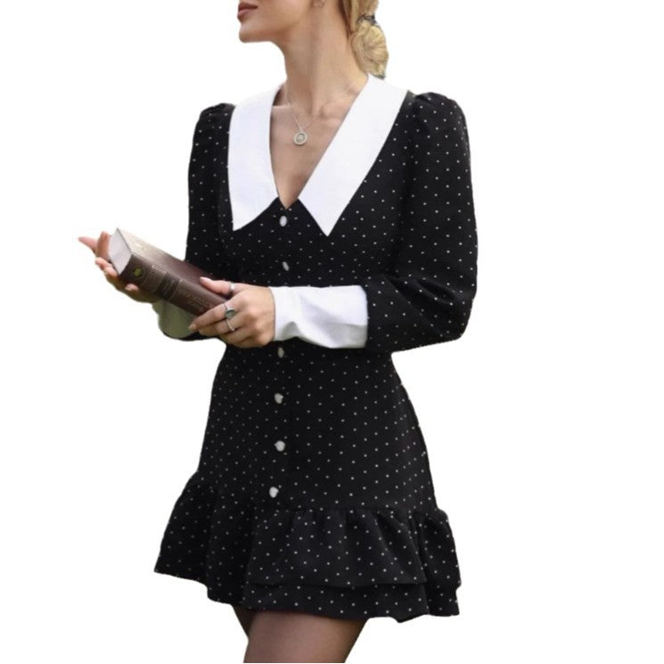 Damen Minikleid mit klassischen Kontrastkragen und Rüschendetails Drune