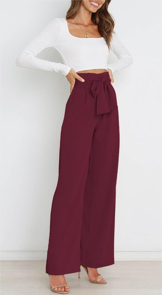 Damen elegante weite Stoffhose mit Taillengürtel Drune