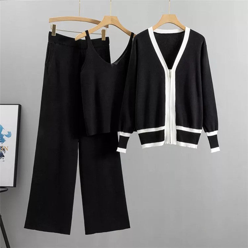 Damen lässiges Strick-Loungewear-Set mit hochwertigem Zip-Cardigan und Weitbein-Hosen Drune