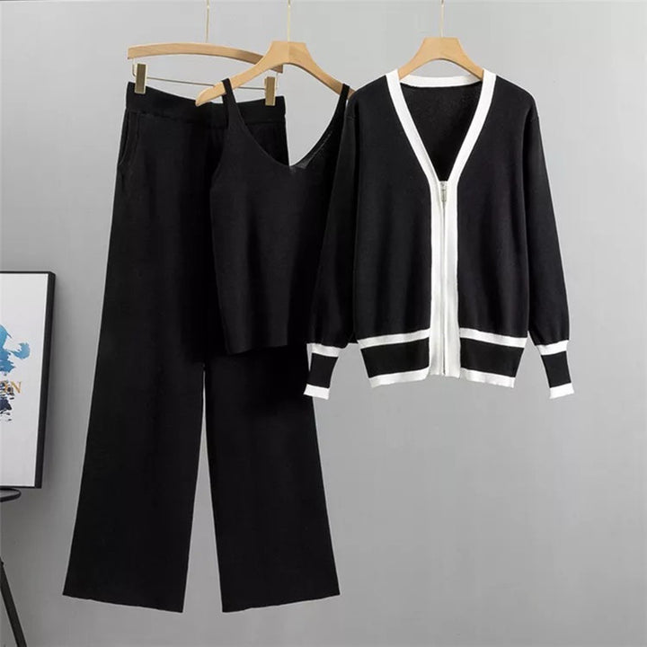Damen lässiges Strick-Loungewear-Set mit hochwertigem Zip-Cardigan und Weitbein-Hosen Drune