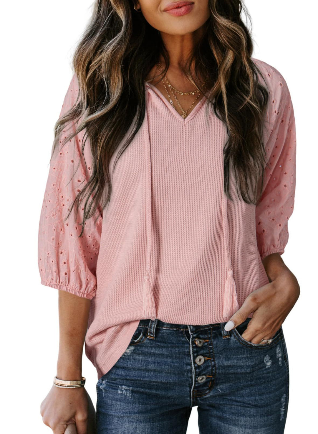 Damen Waffelshirt mit V‑Ausschnitt, Quasten und bestickten Puffärmeln Drune