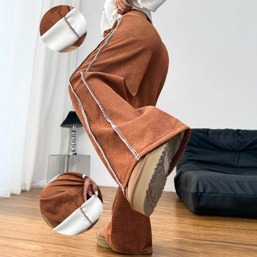 Damen weit geschnittene Freizeithose aus weichem Veloursstoff mit elastischem Bund und dekorativer Kordelzug Drune