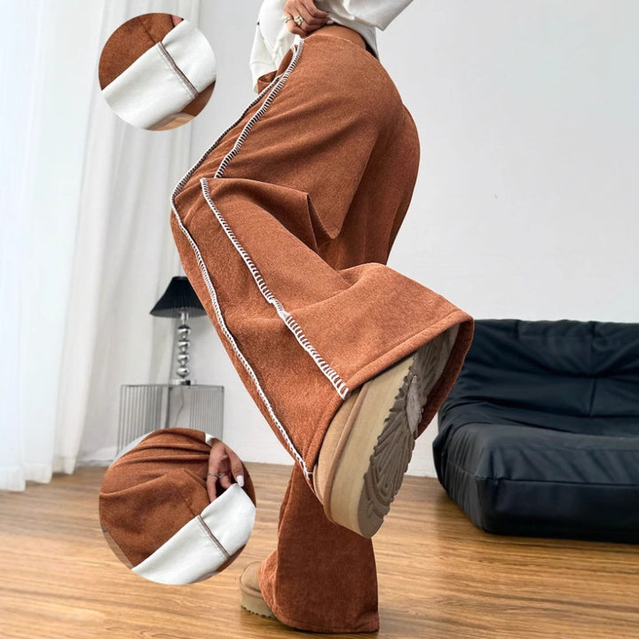 Damen weit geschnittene Freizeithose aus weichem Veloursstoff mit elastischem Bund und dekorativer Kordelzug Drune