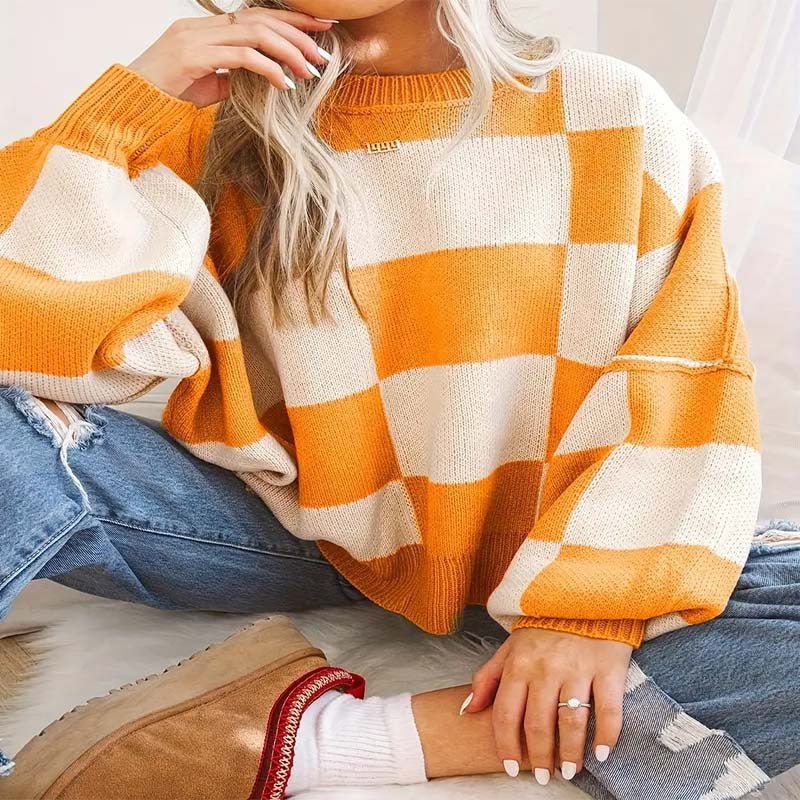 Damen lässiger pullover mit Karo-Muster und weiten Ärmeln Drune