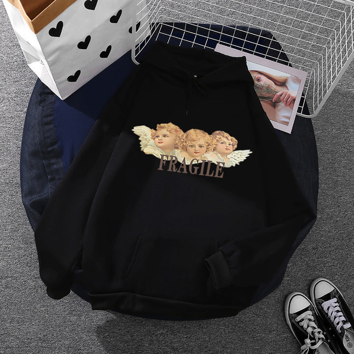 Damen nan leichter Oversize Kapuzenpullover mit Herz‑EKG‑Motiv, langen Kordeln und elastischem Bund Drune