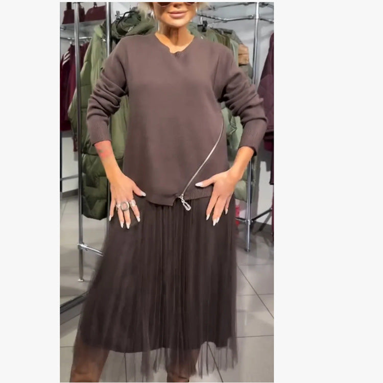 Damen Oversize Feinstrickpullover mit Seitenschlitzen, diagonalem Naht und schichtartigem Look Drune