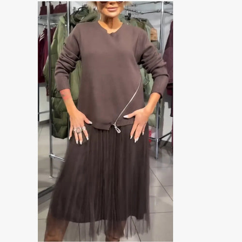 Damen Oversize Feinstrickpullover mit Seitenschlitzen, diagonalem Naht und schichtartigem Look Drune
