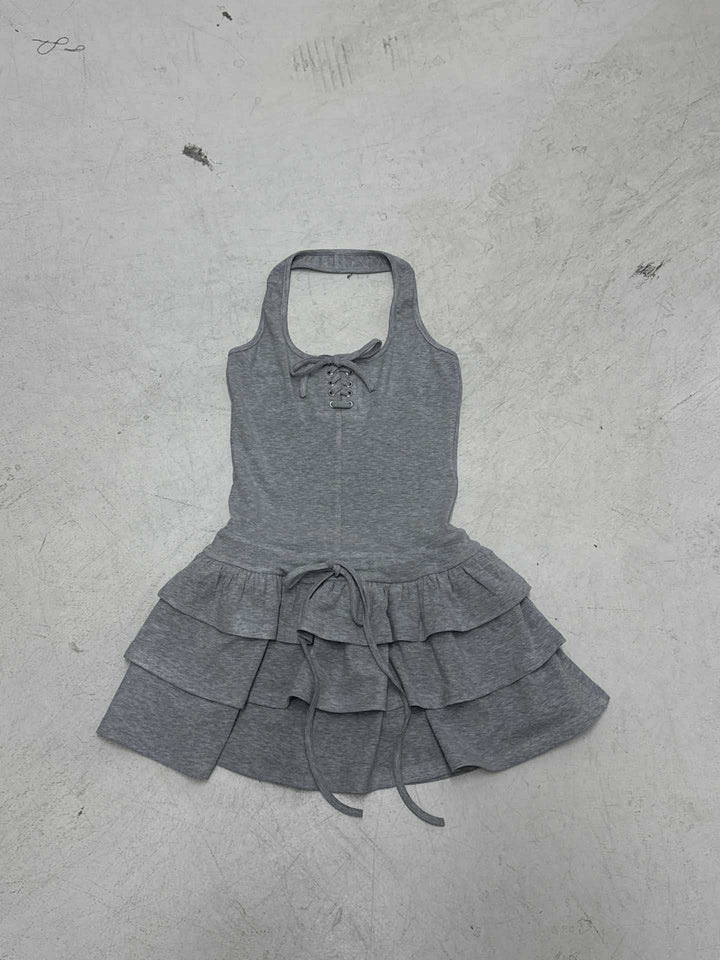 Damen lässiges Trägerkleid mit rüschenförmigem Saum und detailreicher Schnürung Drune