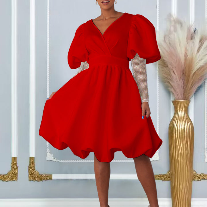 Damen Wickelkleid mit voluminösen Puffärmeln und transparenten Netzoberarmen Drune