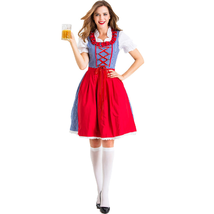Damen nan Karo-Dirndl mit geschnürter Miederfront, Rüschenkragen und taillierter Schürze Drune