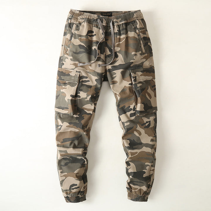 Herren Slim-Fit Cargohose im Tarnmuster mit elastischem Tunnelzugbund und verstärkten Knien Drune